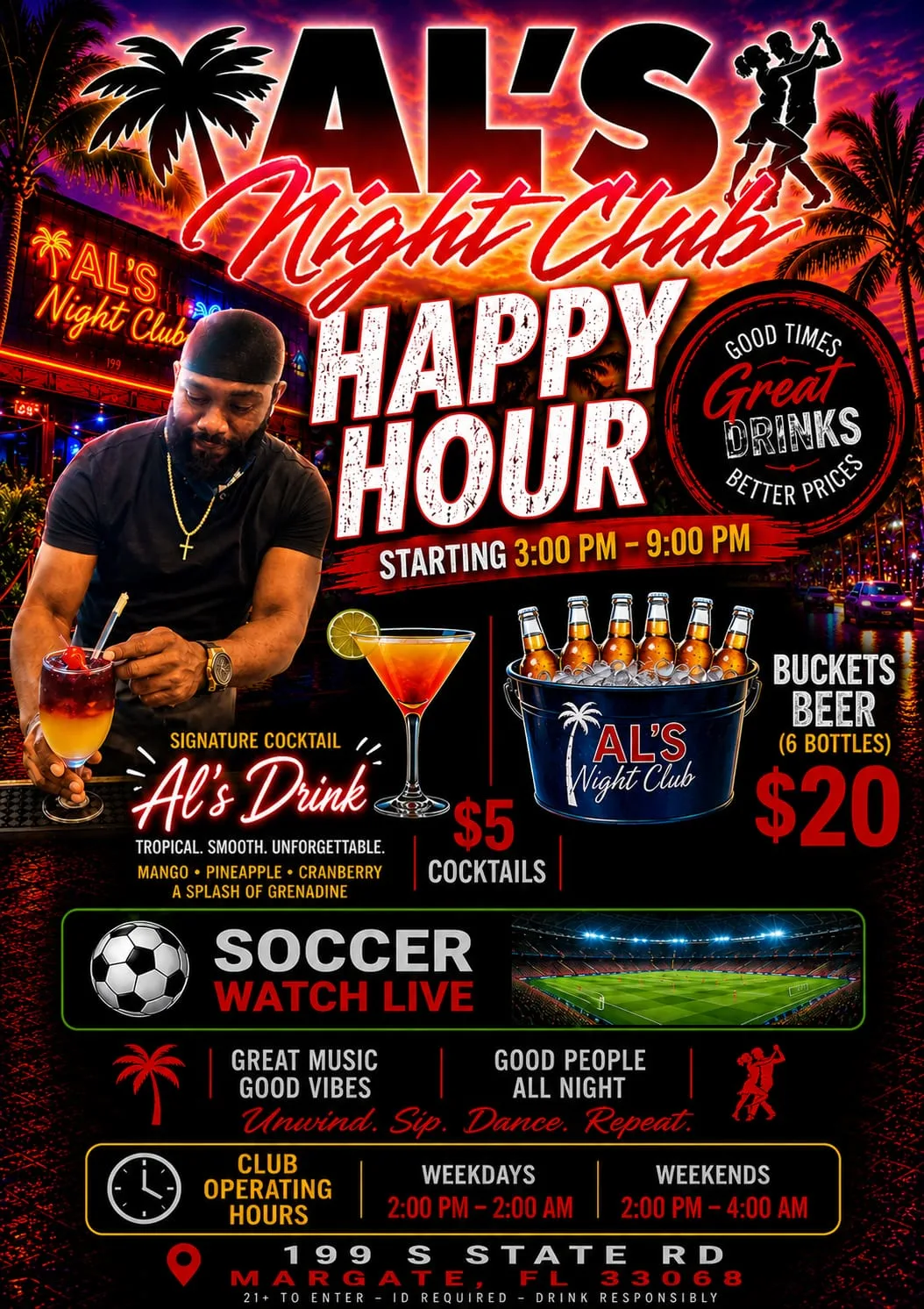 Al's Night Club Happy Hour event poster